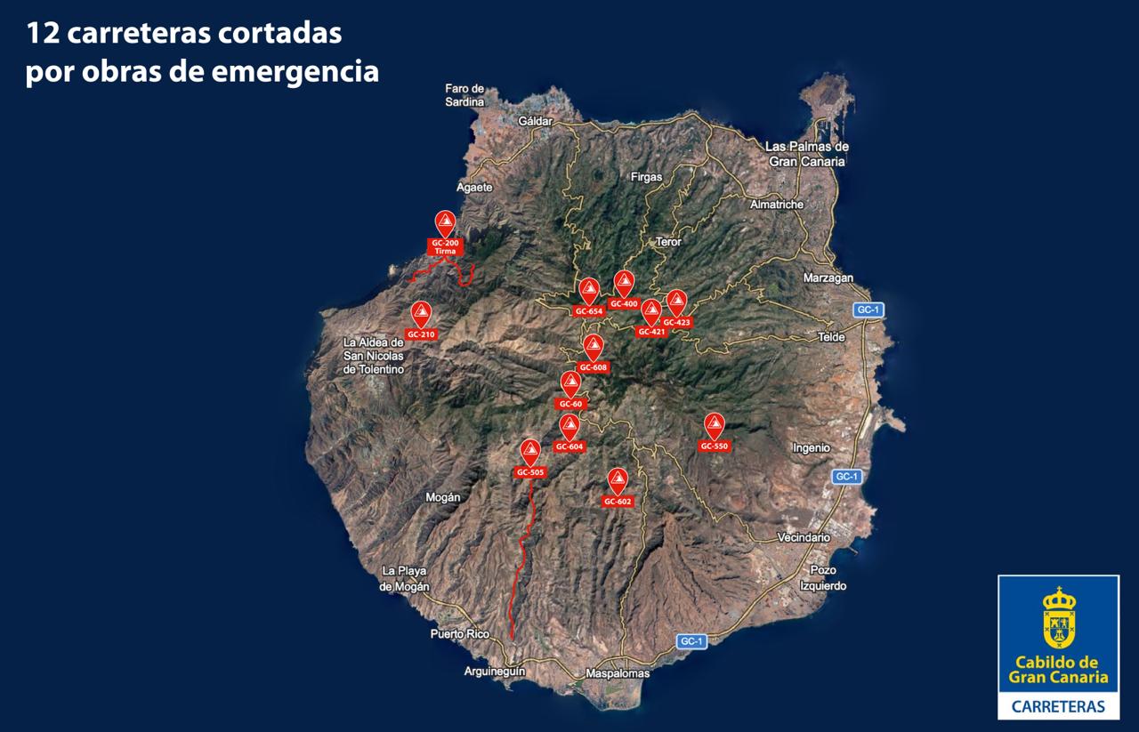 El Cabildo de Gran Canaria inicia las obras de emergencia para devolver la conectividad a las 12 carreteras más afectadas por la borrasca Therese