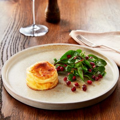 Warm Goats cheese Fondant, Honey Marinated Pomegranate, and Pecan