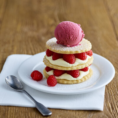 Passionfruit, Philly & Raspberry Millefeuille with Raspberry Sorbet