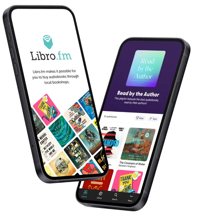 Two phones showing the Libro.fm app, one on its welcome screen and one on a playlist of audiobooks read by their authors