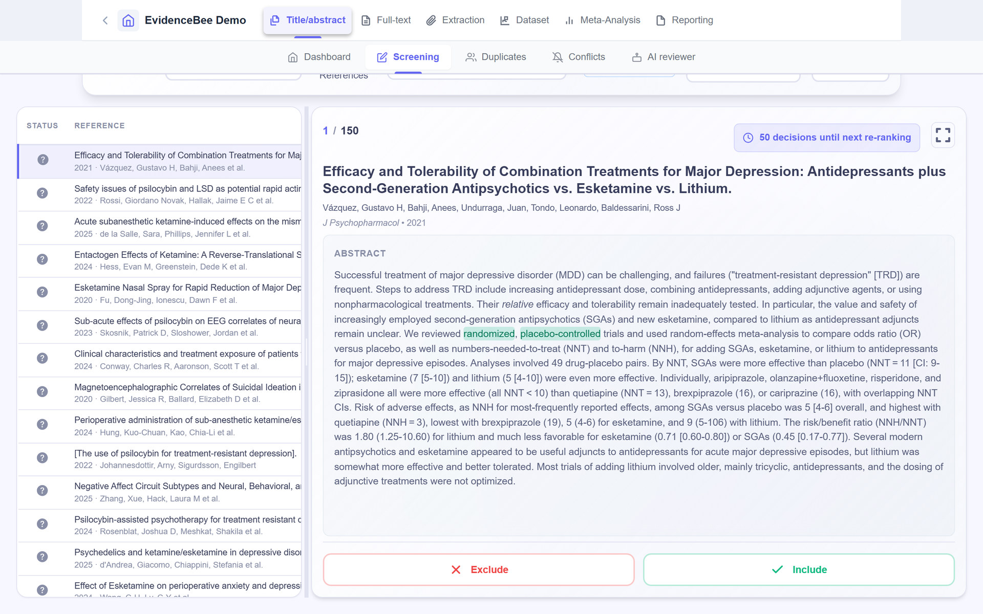The EvidenceBee title and abstract screening workspace