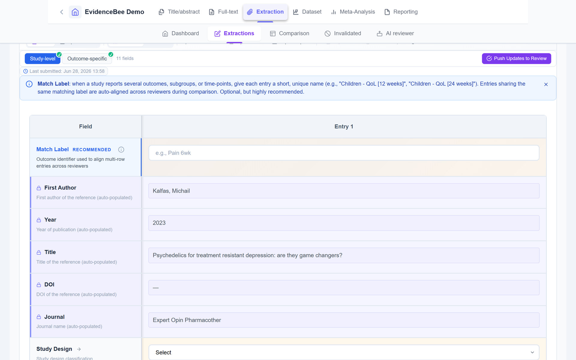 An EvidenceBee data extraction form being filled in for a study