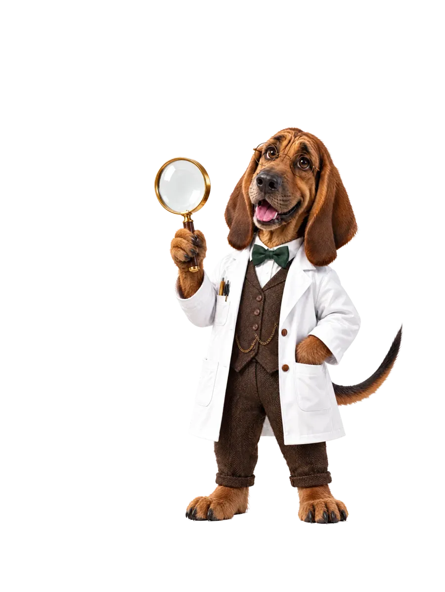 Insight Data bloodhound holding a magnifying glass