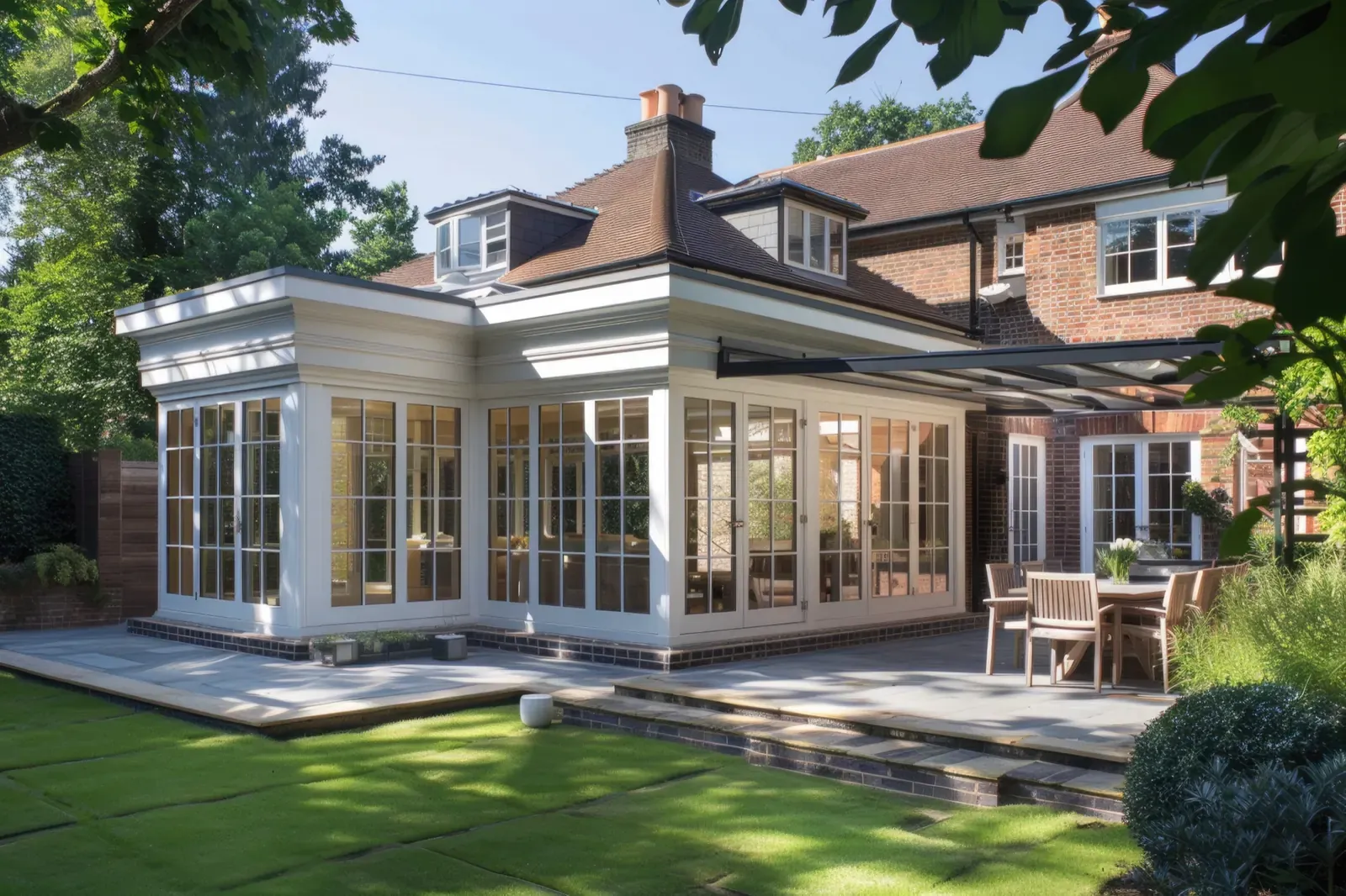 Glazed orangery extension on a brick house