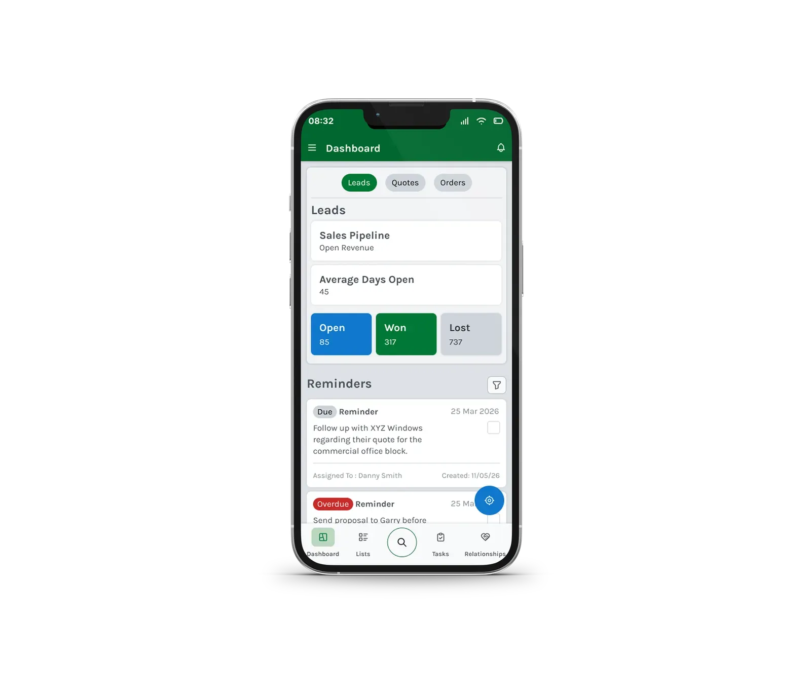 Salestracker mobile CRM app on a phone