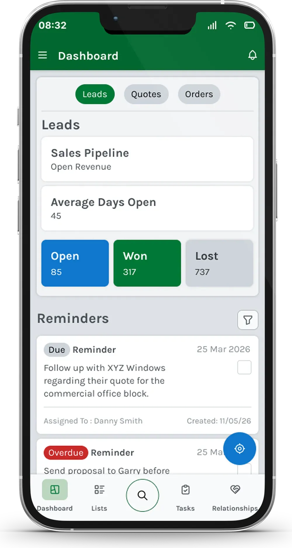 Salestracker mobile app dashboard