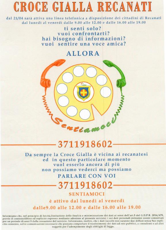 sentiamoci…nuova iniziativa della Croce Gialla di Recanati