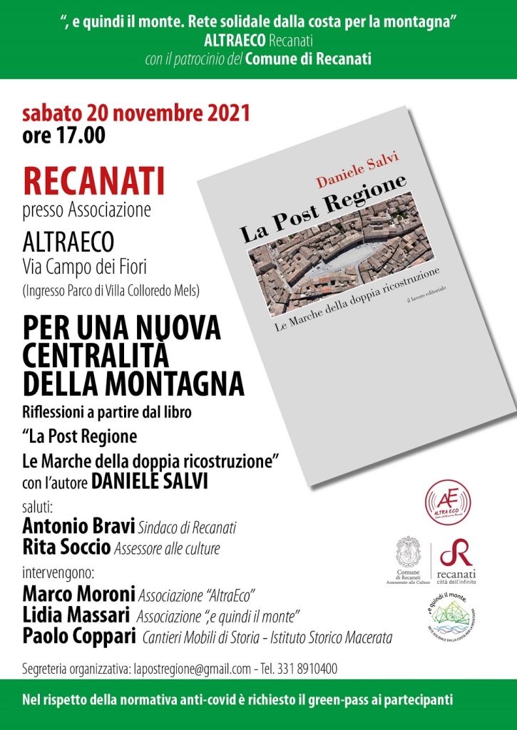 Oggi a Recanati presentazione del libro “La Post Regione” di Daniele Salvi e dibattito sul tema: “Per un nuova centralità della montagna”