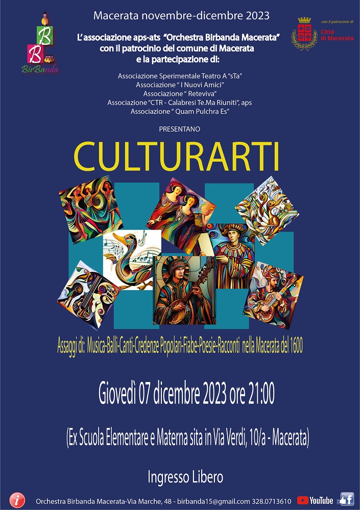 L’Associazione Orchestra Birbanda Macerata in collaborazione con le associazioni culturali di Macerata presenta “Culturarti” 2023.