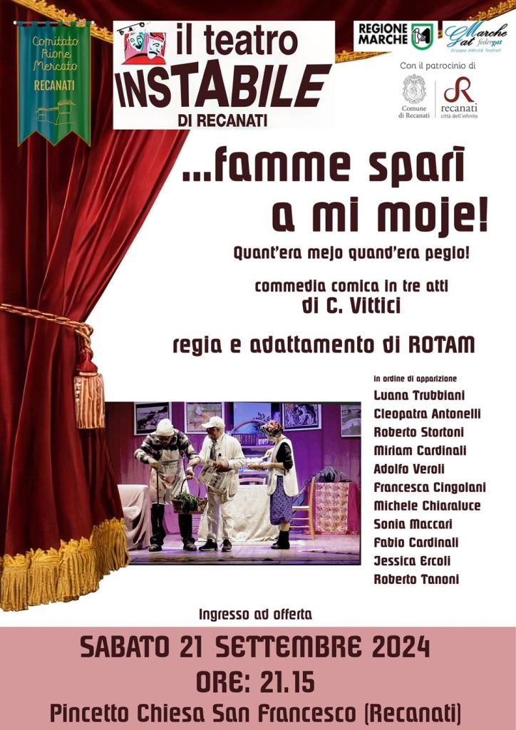 “Fammi sparì a mi moglie” sabato sera al Pincetto della Chiesa di San Francesco a Recanati