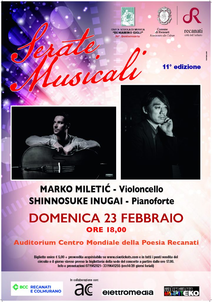 Recanati. Concerto inaugurale per le Serate Musicali 11° edizione: Marko Miletić violoncello – Shinnosuke Inugai pianoforte