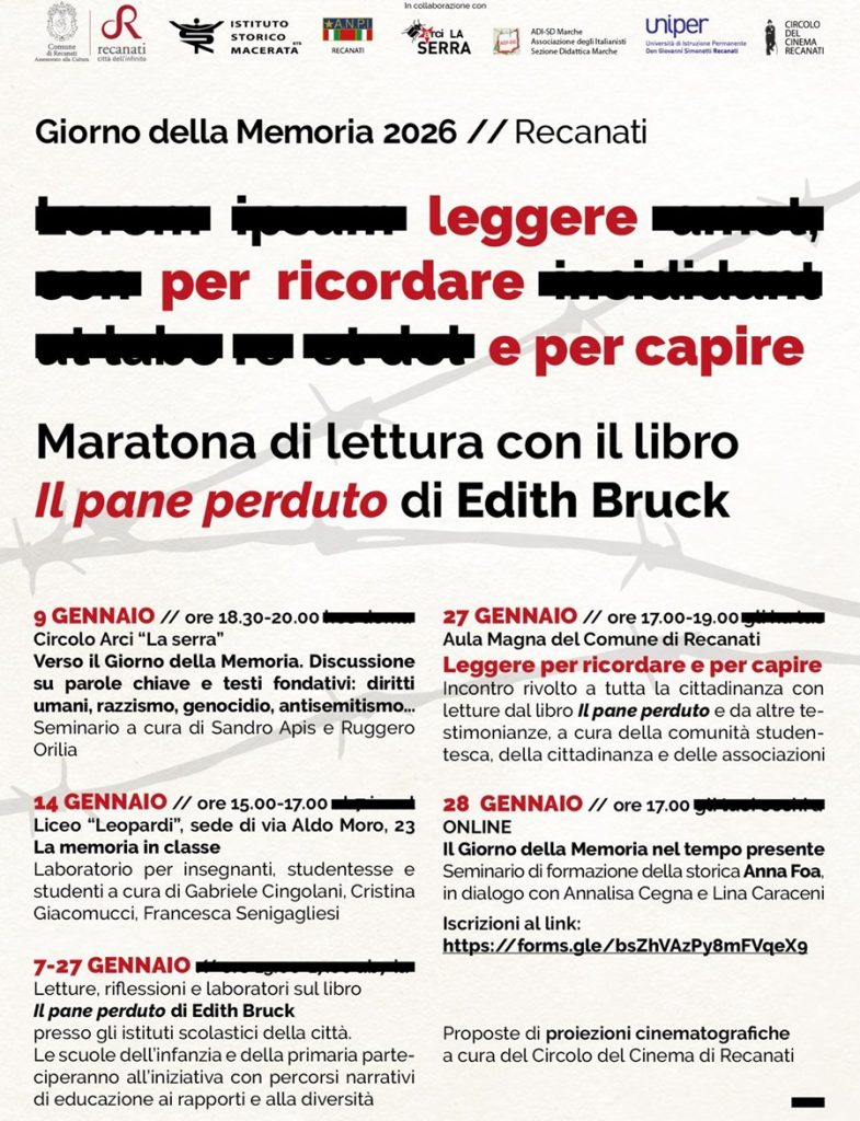 Giorno della Memoria 2026: a Recanati un ricco calendario di iniziative tra scuole, cittadinanza e formazione