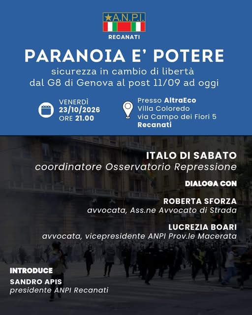 A Recanati l’incontro “Paranoia è potere. Dal G8 di Genova al post 11/09 ad oggi”