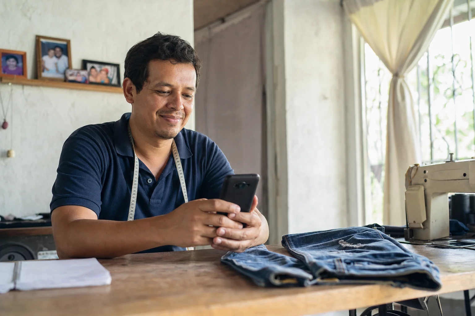 Emprendedor colombiano revisando opciones de crédito desde su negocio en casa con su celular