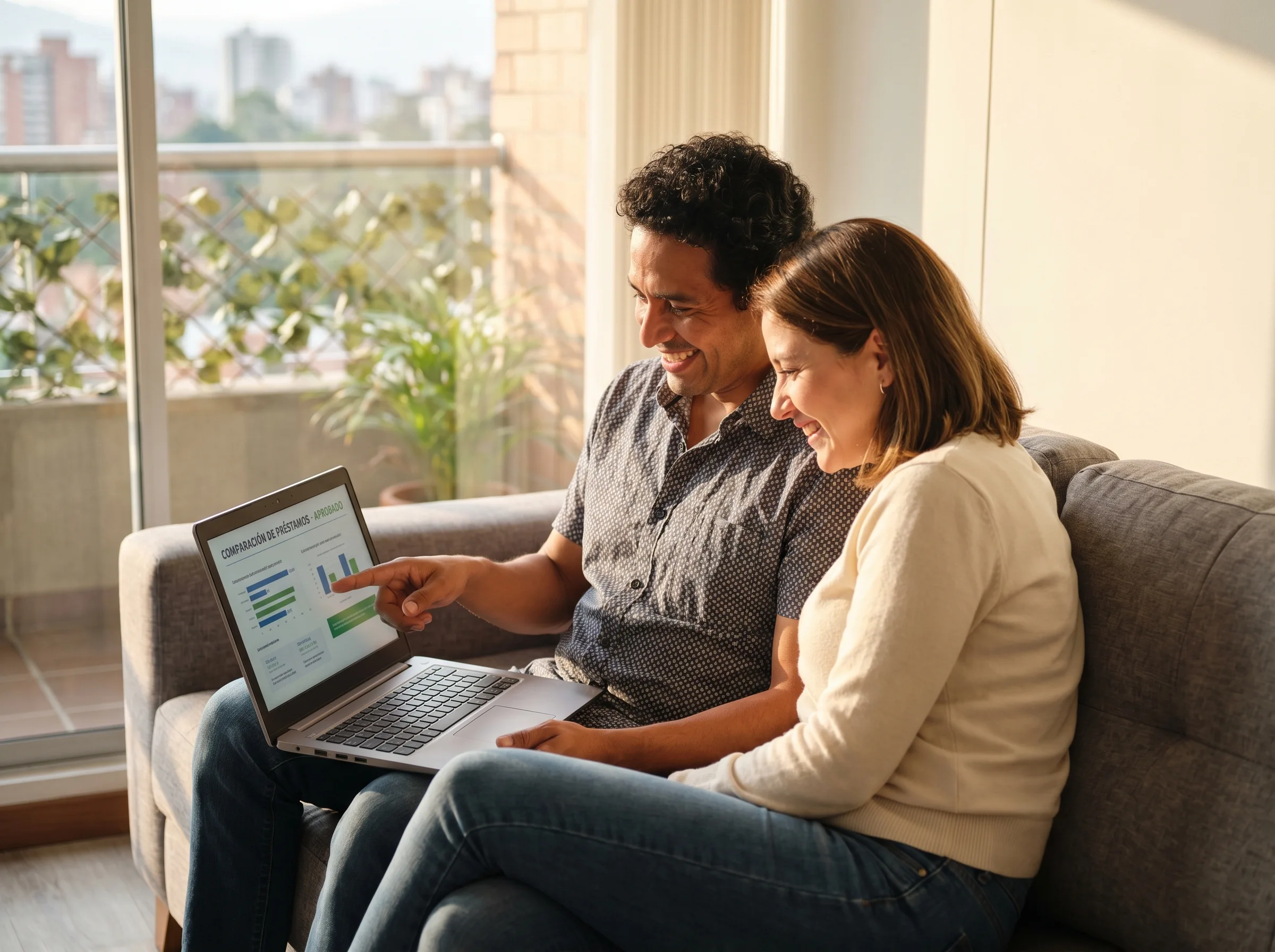 Pareja colombiana revisando opciones de crédito en su laptop con satisfacción