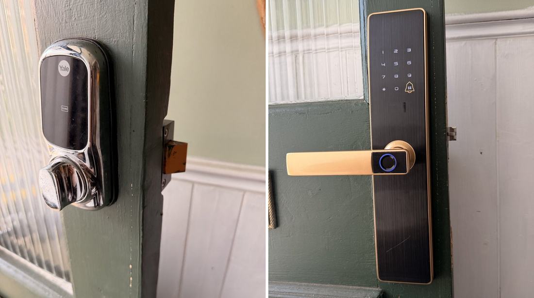 The same green timber front door, before and after: on the left the failed chrome Yale keypad lock, on the right the replacement lock with keypad, fingerprint reader and lever handle