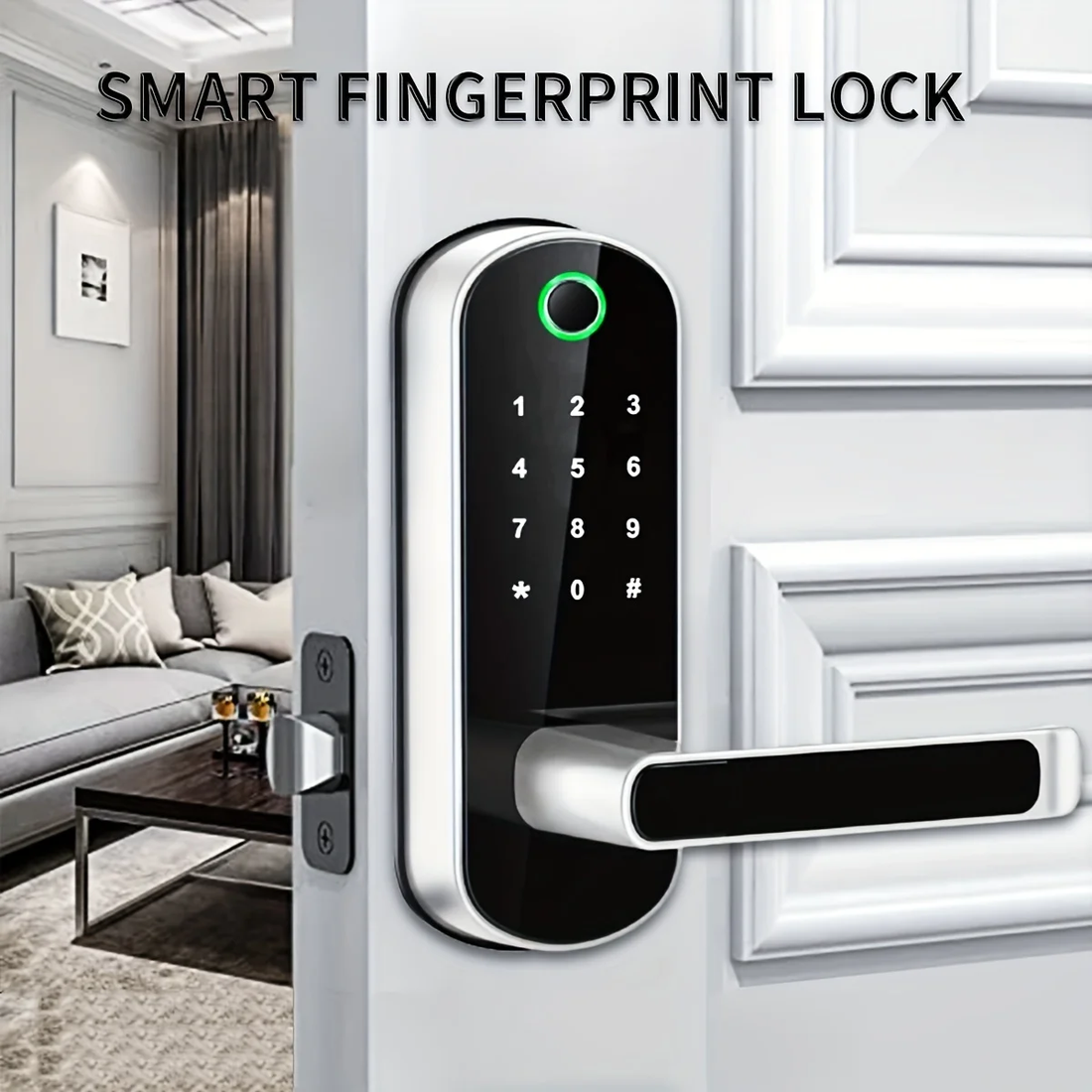 Close-up of a smart lock's fingerprint reader and keypad fitted to a household front door, with a living room visible through the open door