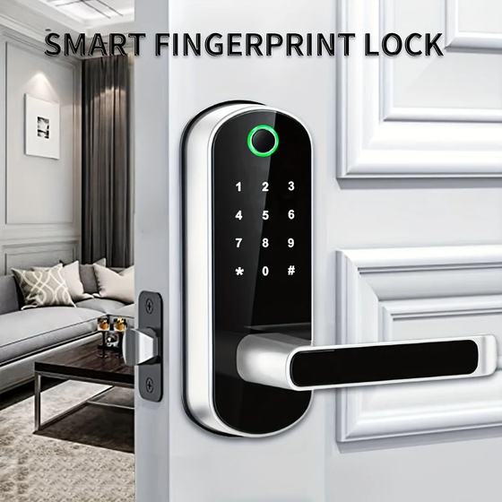 The model of smart lock fitted: a fingerprint reader above a touch-sensitive number keypad, with a lever handle, mounted on a white internal door