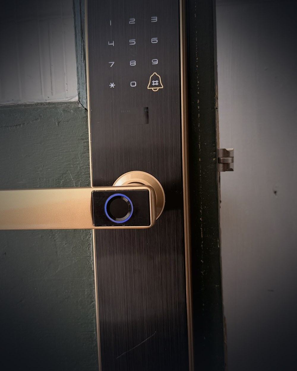A smart lock we installed on a timber front door in Manchester, showing its keypad and the fingerprint reader set into the handle