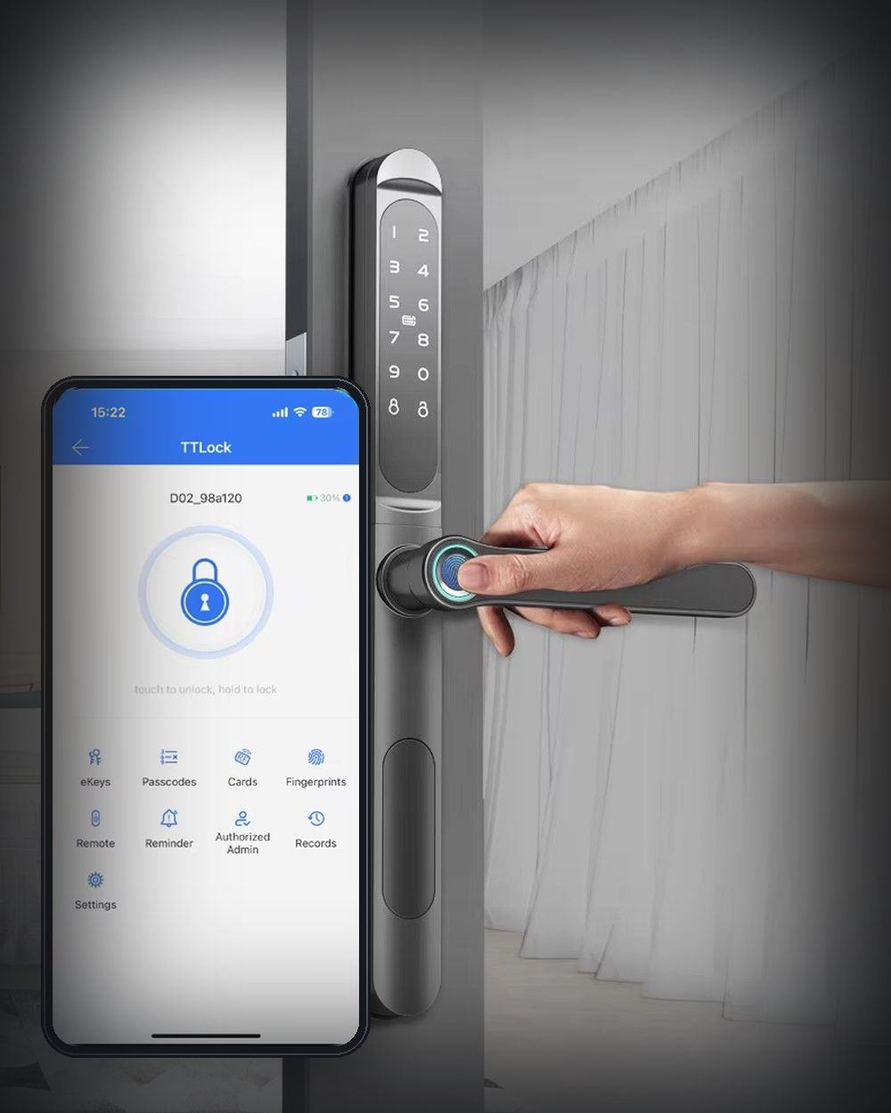 A TTLock-platform smart lock on a door being opened by fingerprint, shown with a phone running the TTLock app