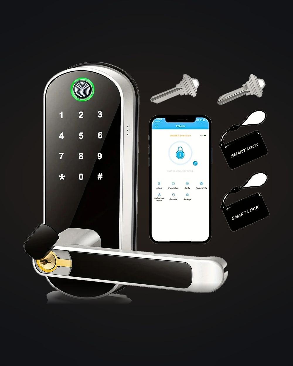 A smart lock with keypad and fingerprint reader, two mechanical override keys, a phone running the TTLock app, and two RFID key cards