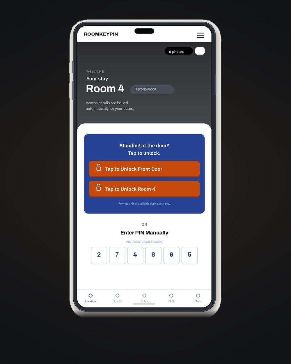 A phone showing a guest's booking with buttons to unlock the front door and their own room, plus a PIN to type on the keypad instead