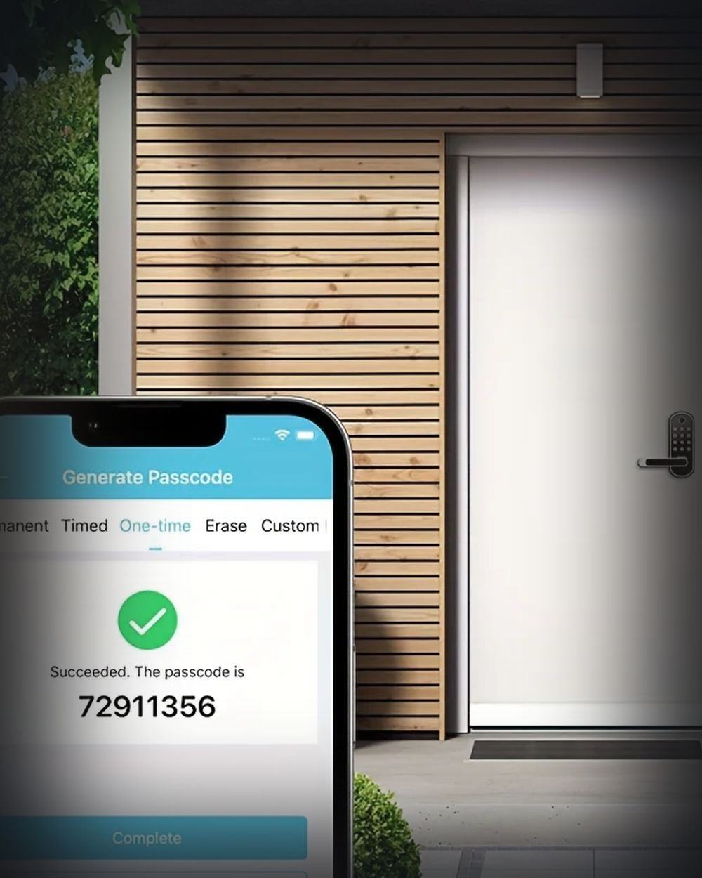 A phone generating a one-time door passcode, in front of a house door fitted with a keypad smart lock