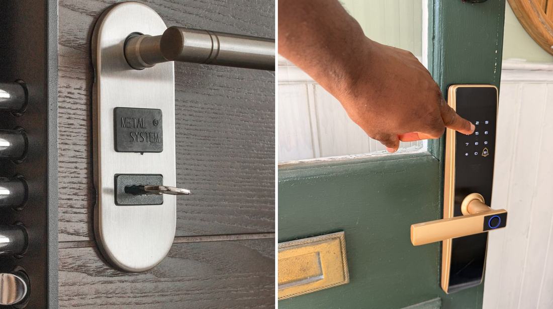 Two doors side by side: on the left a traditional lever handle with a key in the lock and multipoint bolts along the door edge, on the right a hand opening a green timber front door by pressing the keypad of a smart lock