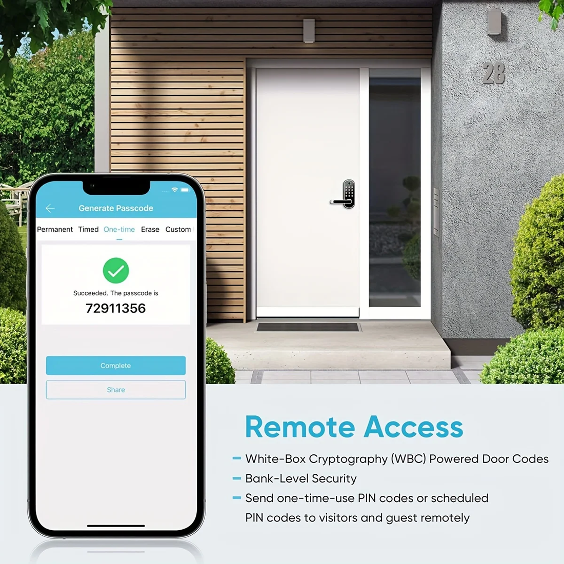 A smartphone generating a one-time guest passcode, next to a smart lock keypad fitted to a house's front door