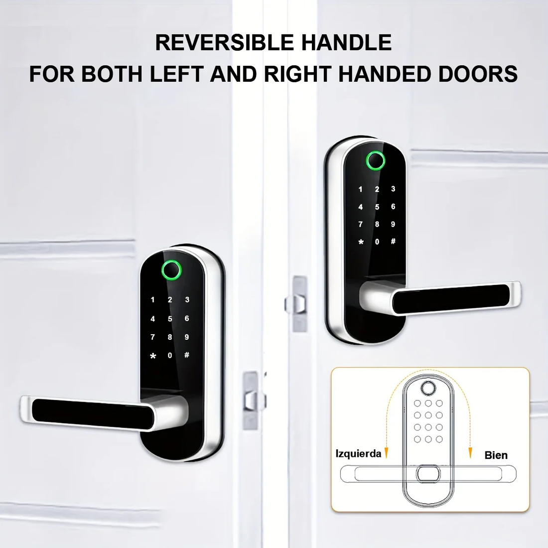The same smart lock fitted to two doors with the handle facing opposite ways, showing the reversible handle works for both left- and right-handed doors
