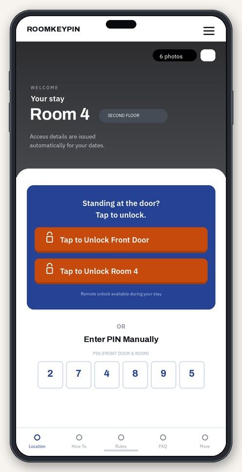 A phone showing the guest's booking in the tioo app: their room and floor, a button to unlock the front door, a button to unlock their own room, and a PIN code to type on the keypad instead