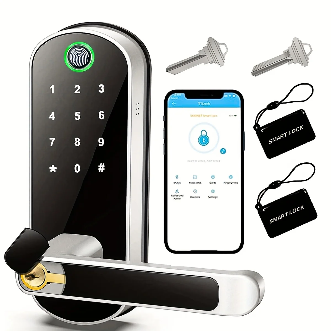 A smart lock kit: the keypad/fingerprint lock unit, two physical backup keys, a phone running the TTLock app, and two RFID key fobs