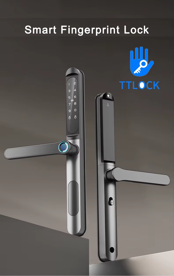 TTLock smart fingerprint lock shown from the front and side, with the keypad and fingerprint sensor visible