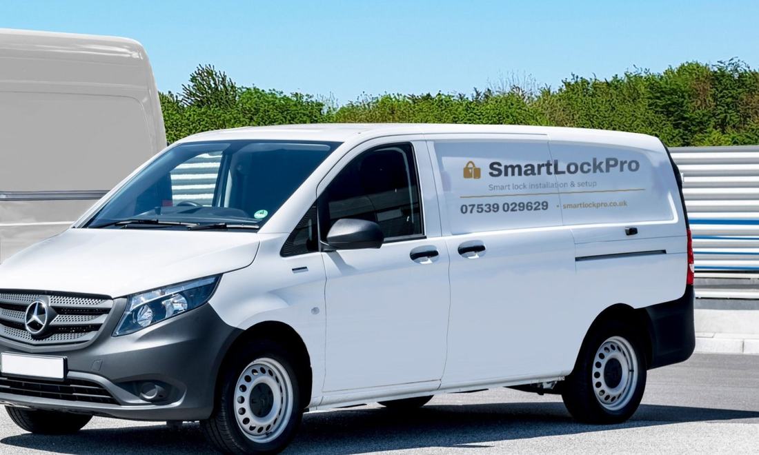 A white van carrying SmartLockPro livery — the padlock-and-phone logo, the strapline 'Smart lock installation & setup', the phone number 07539 029629 and the web address smartlockpro.co.uk