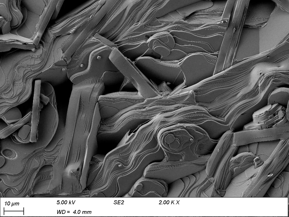 SEM image showing layered micron-scale material morphology and fracture features