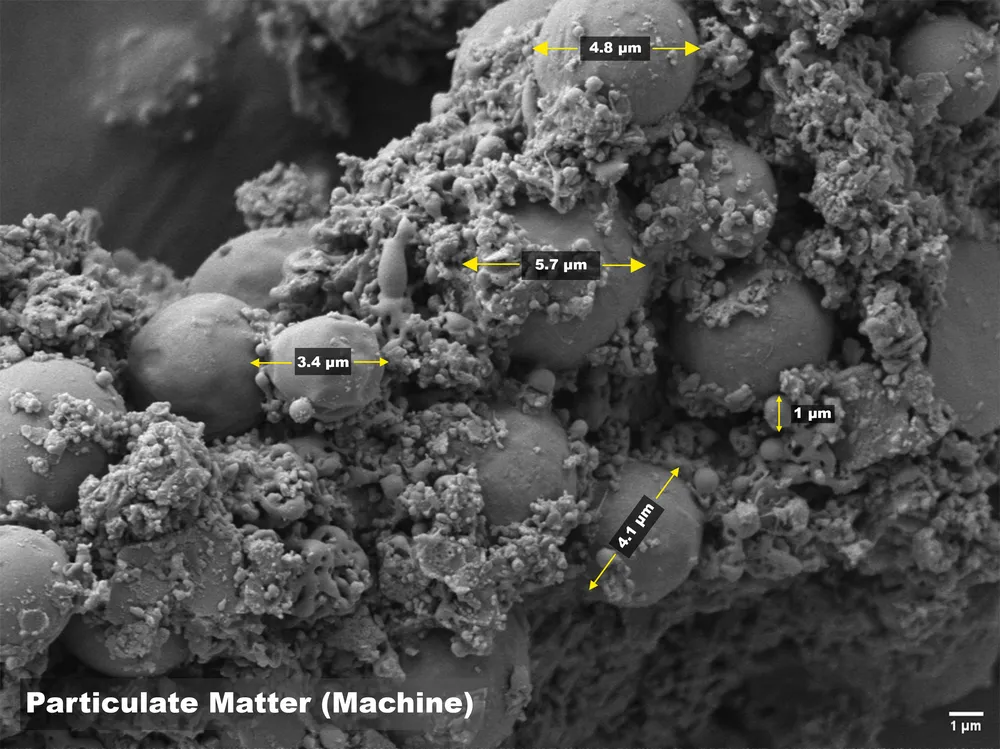 SEM image of micron-scale particulate matter with particle size measurements