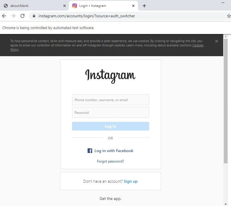 puppeteer launches chromium browser and opens a new page which navigates to the Instagram login page